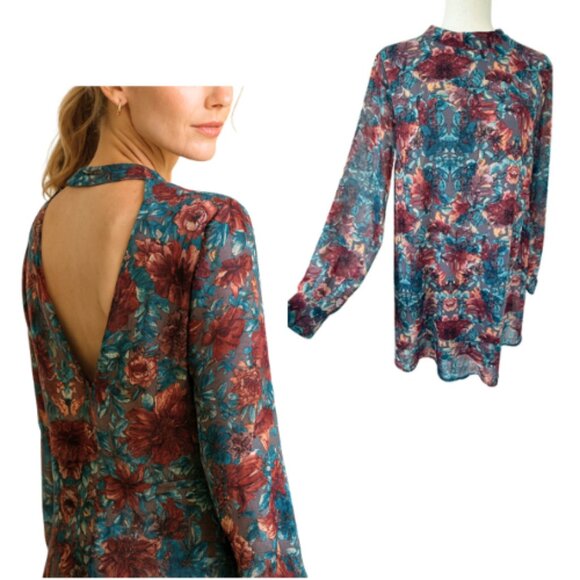 ASTR Blue Grey Burgundy Floral Back Cutout Shift Dress Size M - Picture 1 of 15